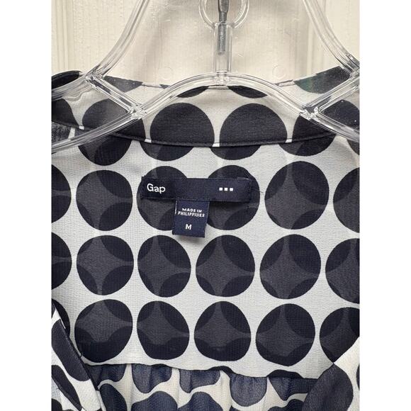 Gap Sheer Navy White Blouse With Navy Polka Dots, Split Neck, Woman's Size M - Picture 2 of 6